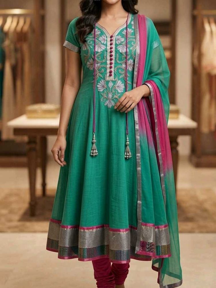 Elegant Green Anarkali Suit with Pink Dupatta