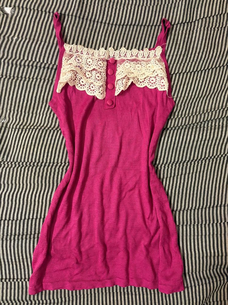 Cute Pink Lace Trim Tank Top