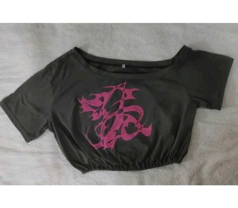 Grey Crop Top with Pink Graphic