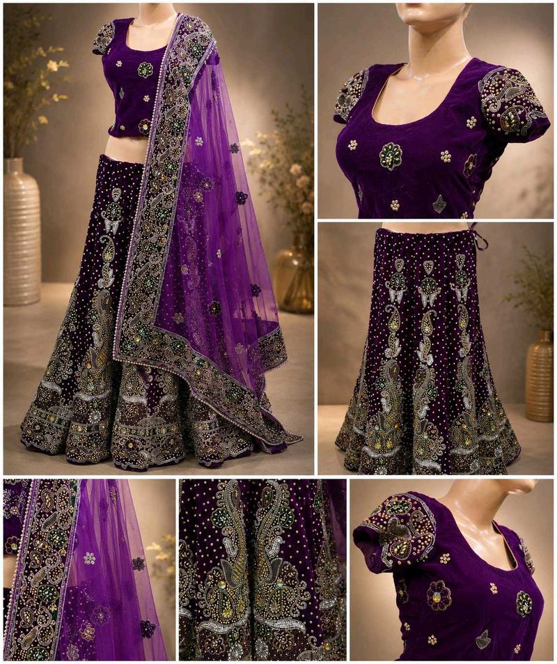 Exquisite Purple Velvet Lehenga Choli Set