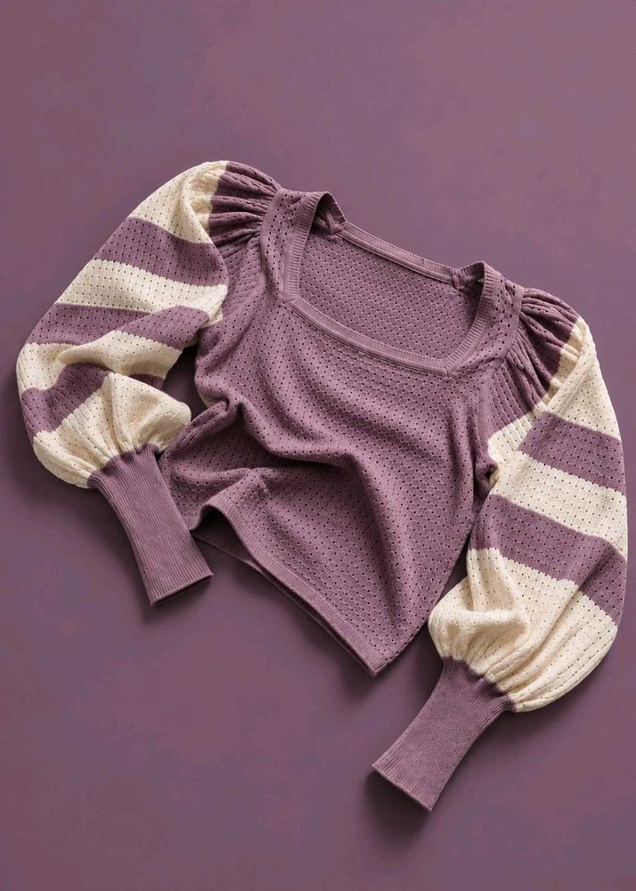 MAUVE &amp; CREAM STRIPED PUFF SLEEVE KNIT TOP