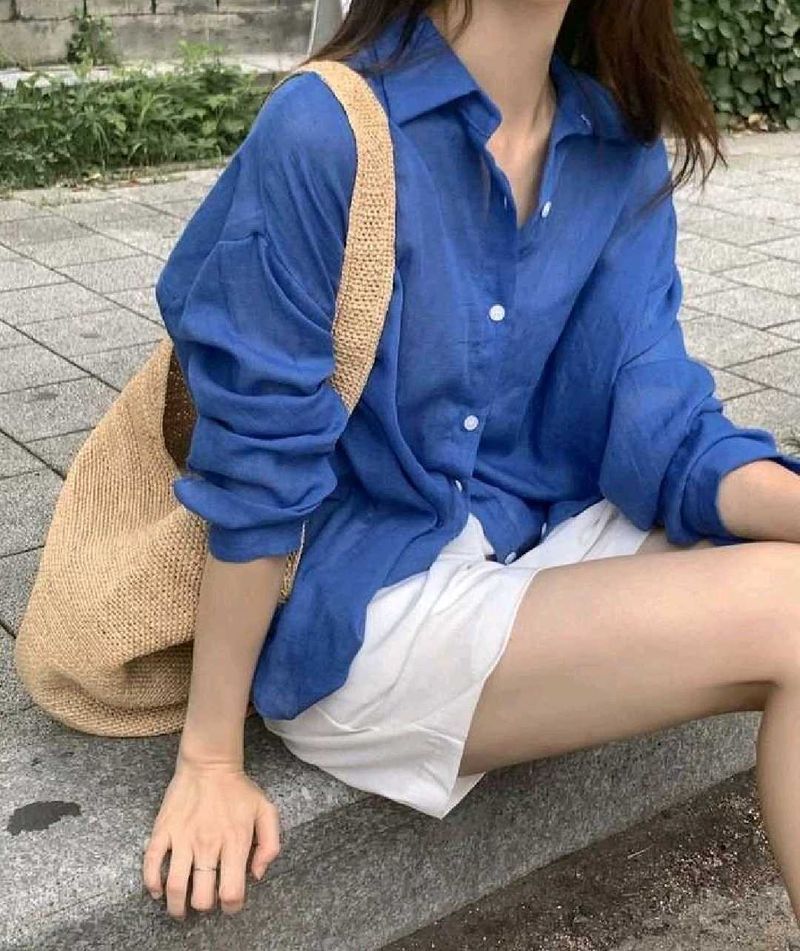 New with tag Korean Blue Oversized Linen Shirt