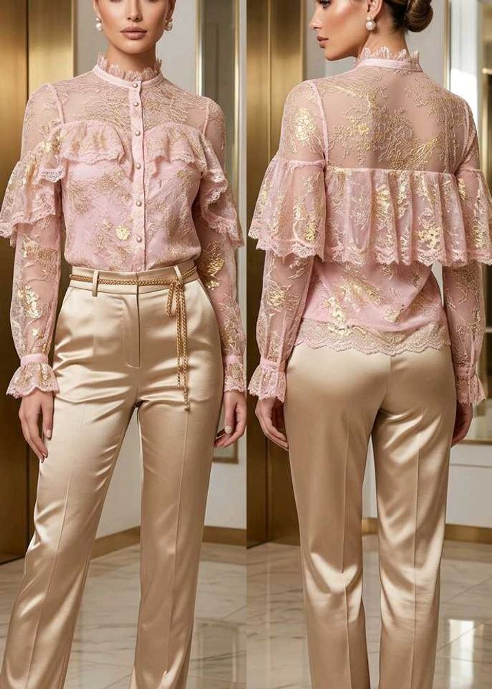 Elegant Pink Lace Blouse with Gold Accents