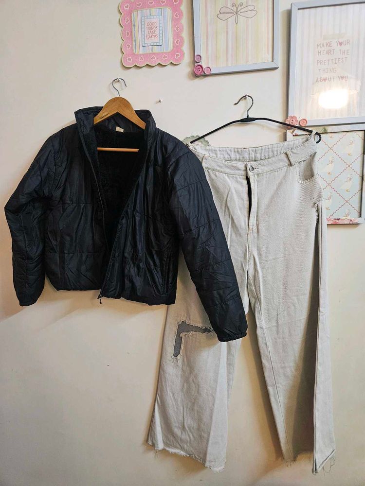 Chic Puffer Jacket &amp; Wide Leg Jeans Set
