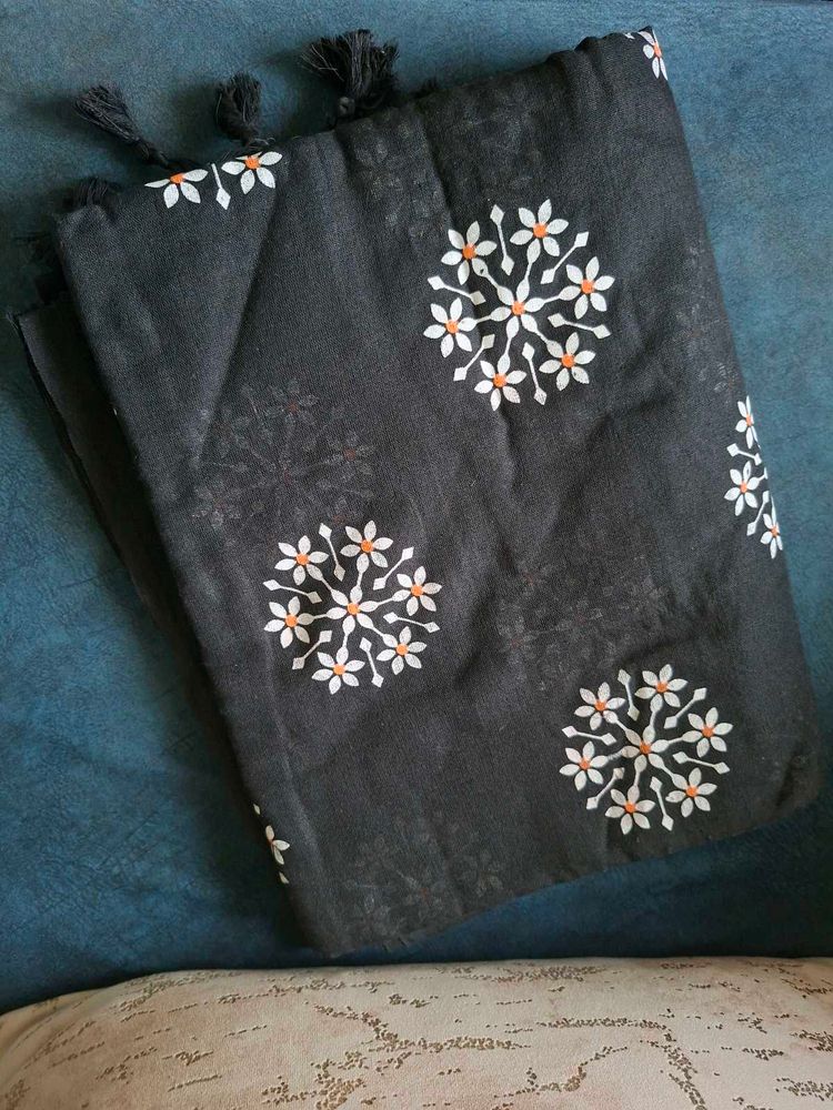 Black Floral linen saree with Tassels