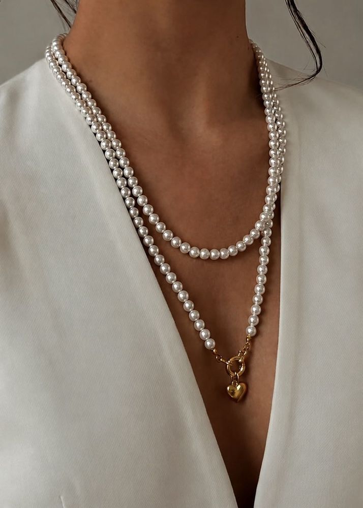 Elegant Pearl Necklace with Gold Heart Charm