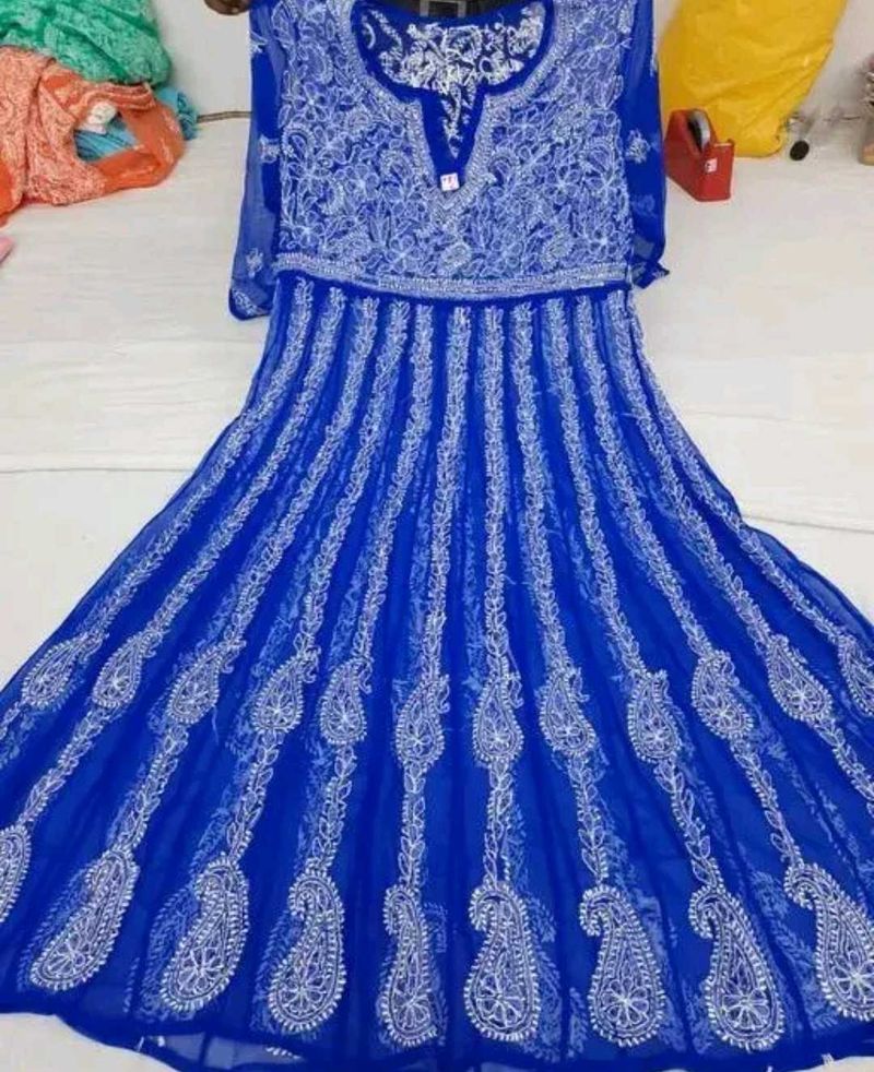 Blue Chikankari Anarkali Kurta With Inner