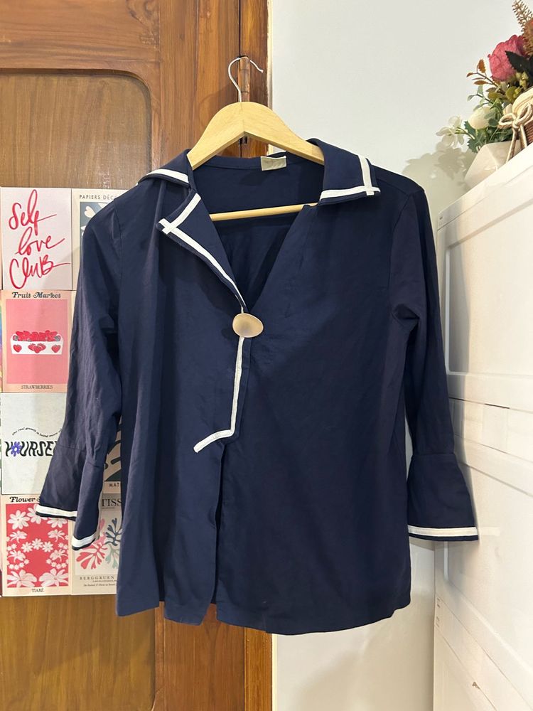 Navy Blue Bell Sleeve Top