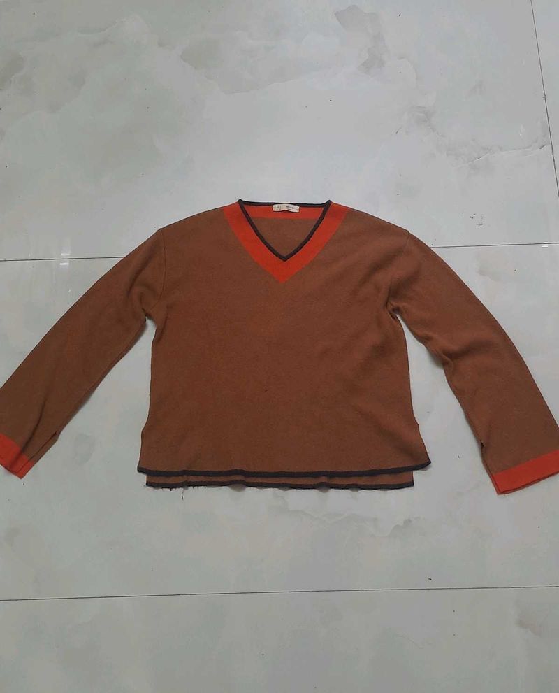 Brown V-Neck Long Sleeve Top