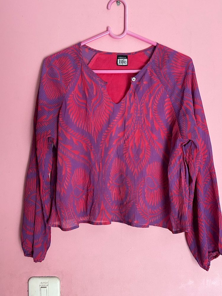 Purple &amp; Pink Floral Print Pleated Top