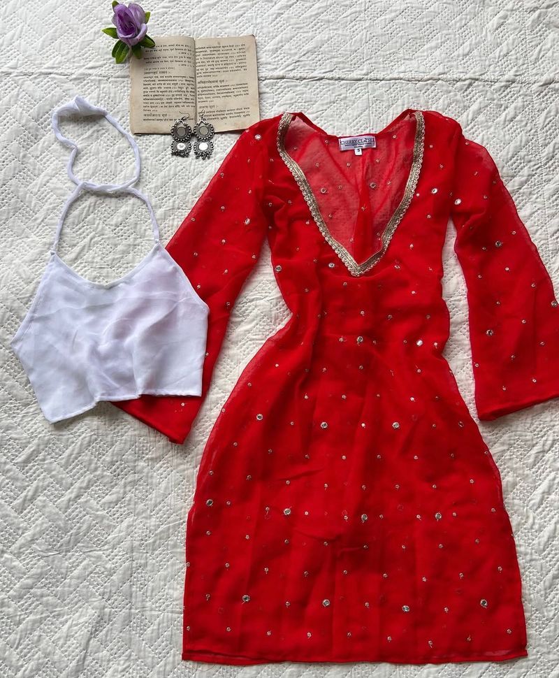 SHEER Red Kurti with White halter Neck Blouse