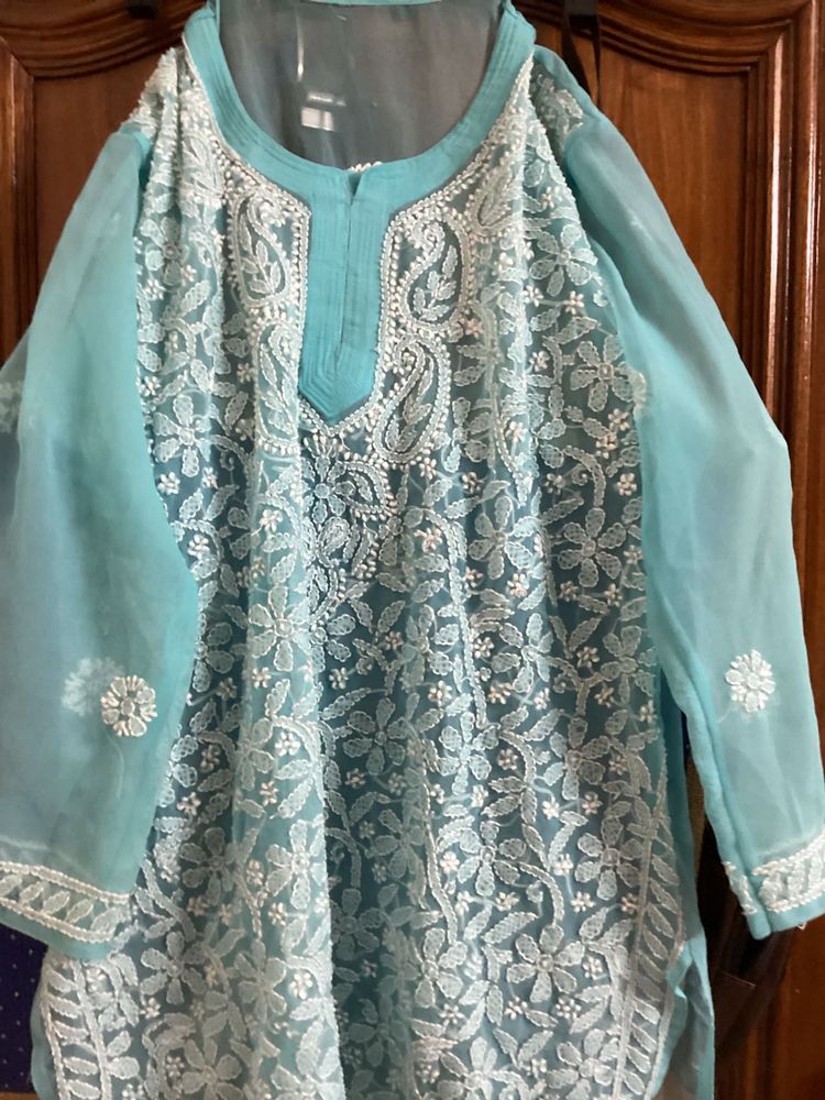 Sky blue Chikankari short Kurti