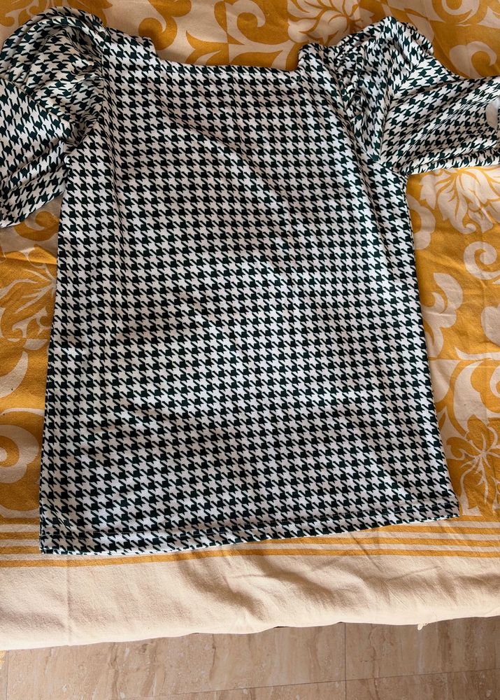 Houndstooth Puff Sleeve Mini Dress