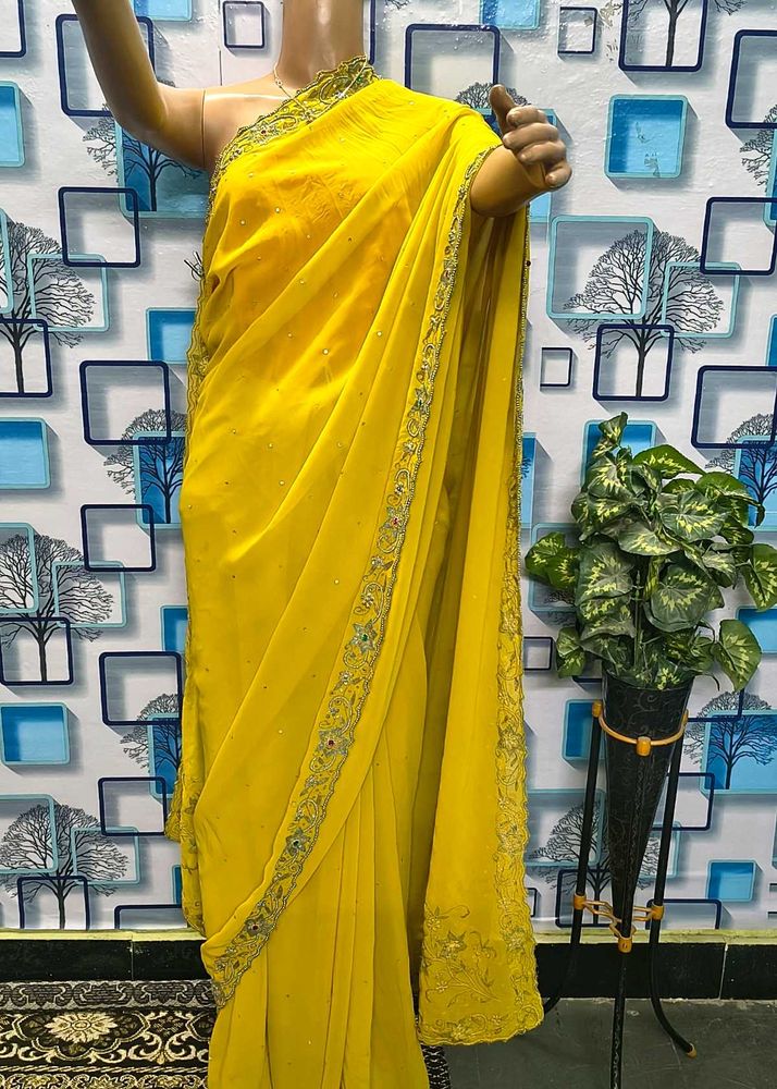 Bakrid offer Saree Elegant Yellow Embellished