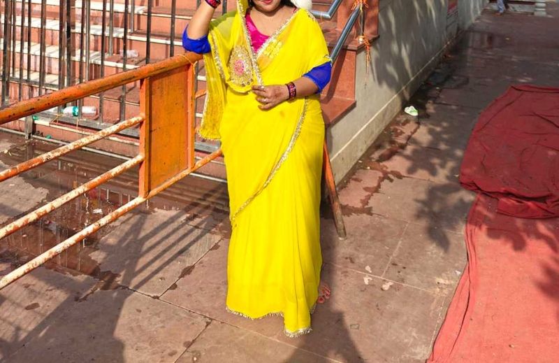 Vibrant Yellow Saree with rani colour blouse