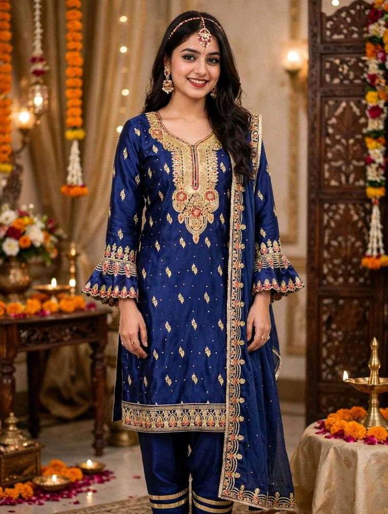 Stunning Blue Embroidered Kurta Set