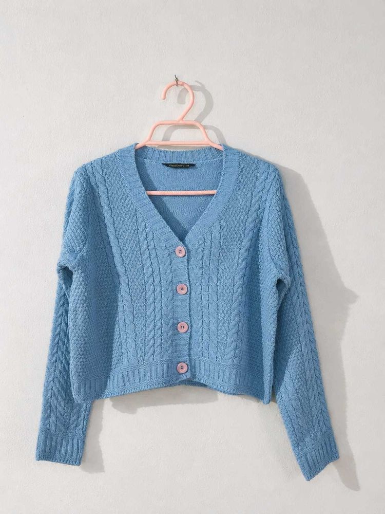 Blue Cable Knit Cropped Cardigan