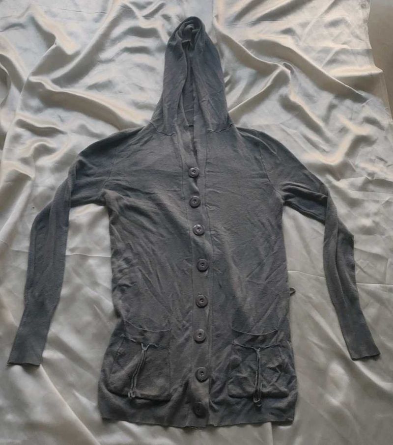 Gray Hooded Cardigan Sweater