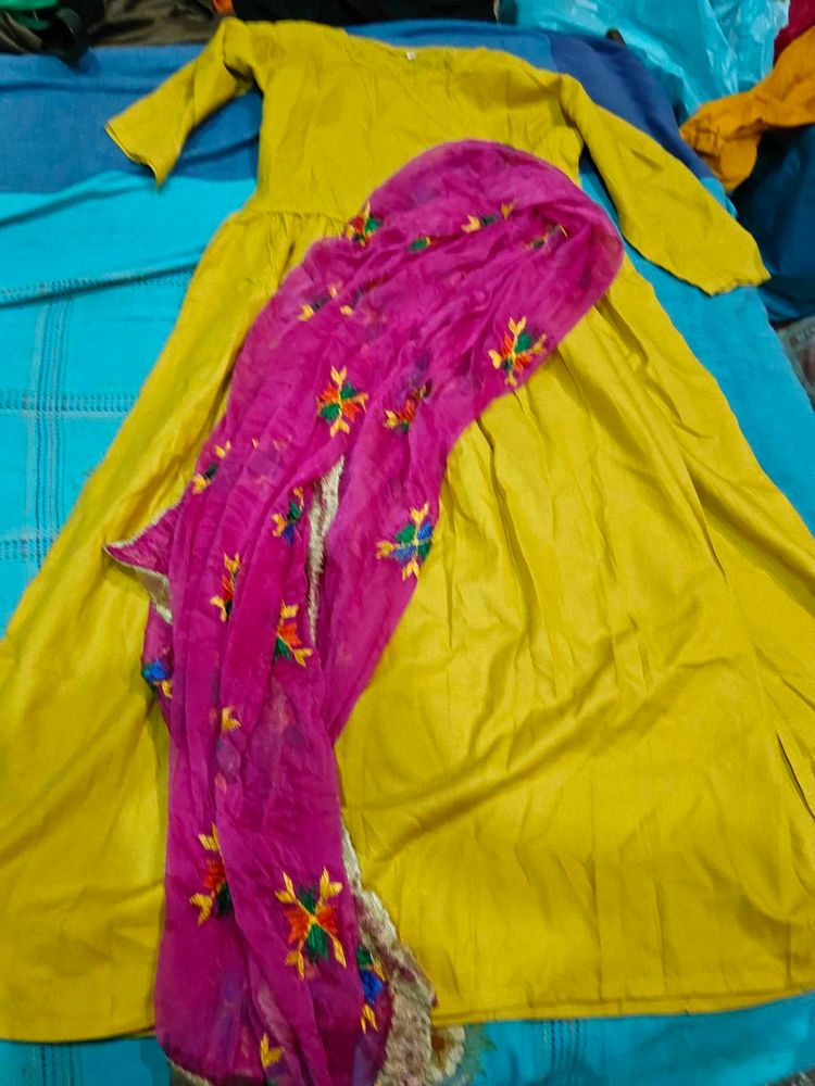 Yellow Kurta with Pink Dupatta