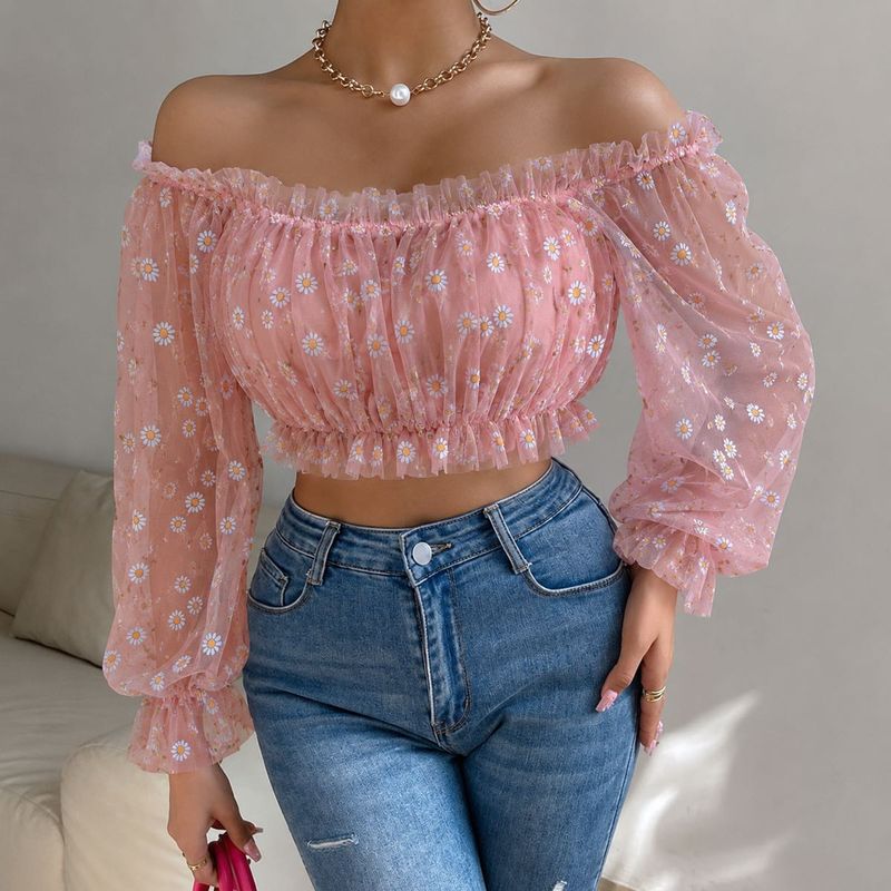 Sheer Daisy Off-Shoulder Crop Top