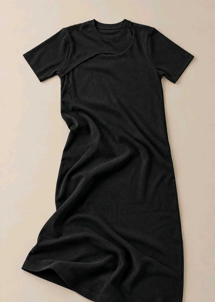 BLACK ASYMMETRIC NECKLINE SHORT SLEEVE MIDI DRESS