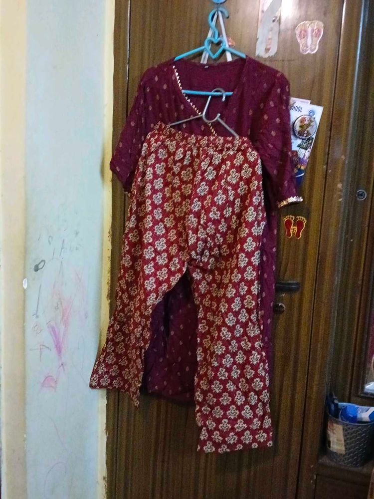 Maroon Kurta Set with Printed Pants
