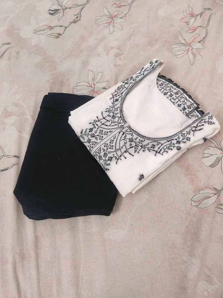 White Embroidered Kurta with Black Trouser