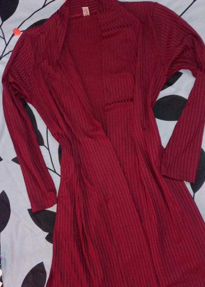 Chic Burgundy Ribbed Long Cardigan