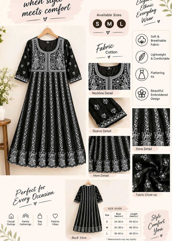 Elegant Black Embroidered Cotton Kurta