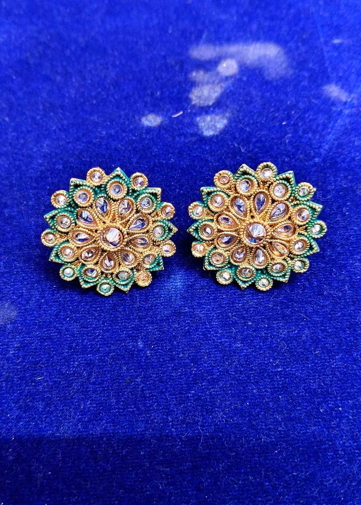 Elegant Green Meenakari Kundan Stud Earrings for W