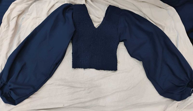 Navy Blue Smocked Puff Sleeve Crop Top