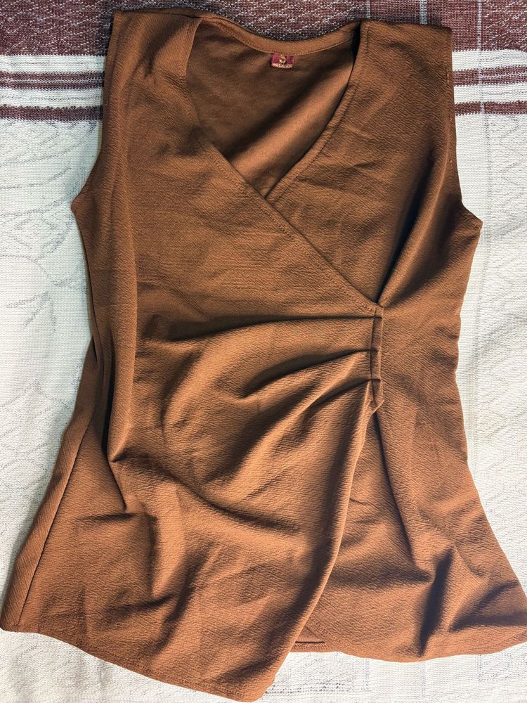 Chic Brown Sleeveless Wrap Top