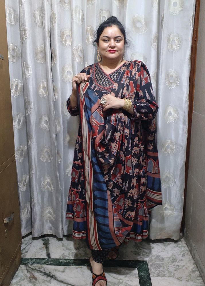Black Cotton Printed 3 Piece Suit Set