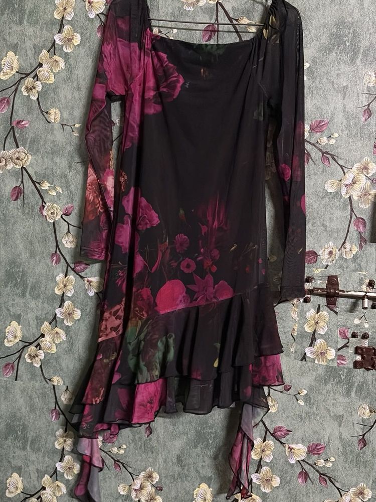 Floral Mesh Ruffle Dress