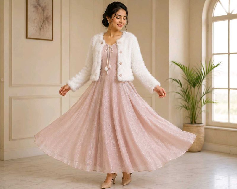 Sparkly Pink Maxi Dress with White Shrug
