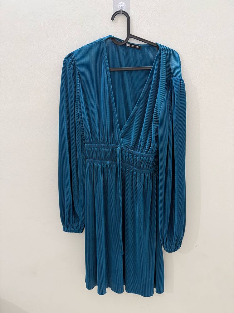 Teal Pleated V-Neck Mini Dress