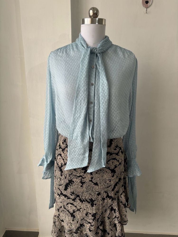 Light Blue Tie Neck Blouse