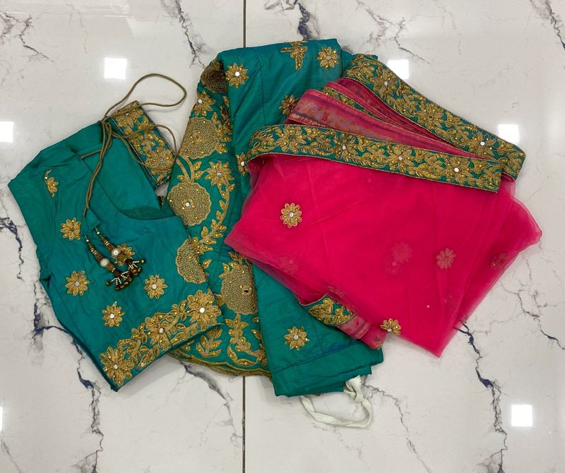 Embellished Teal &amp; Pink Lehenga Choli Set