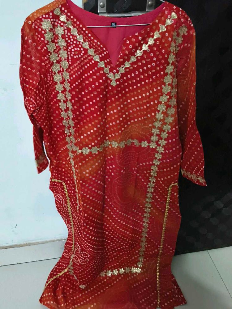 Red Bandhani Print Kurta with Gold Embellishments