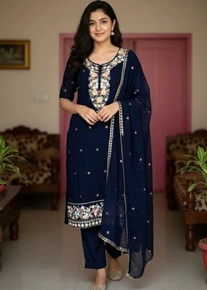 Elegant Navy Blue Embroidered Kurta Set