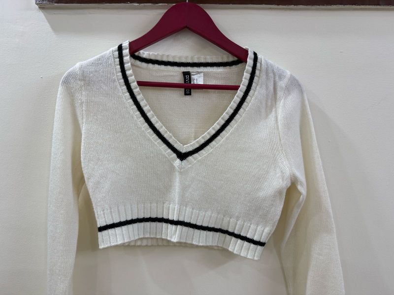 White Knit Sweater with Black Trim