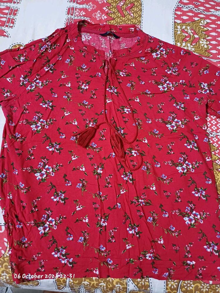 Red Floral Print Tunic Top