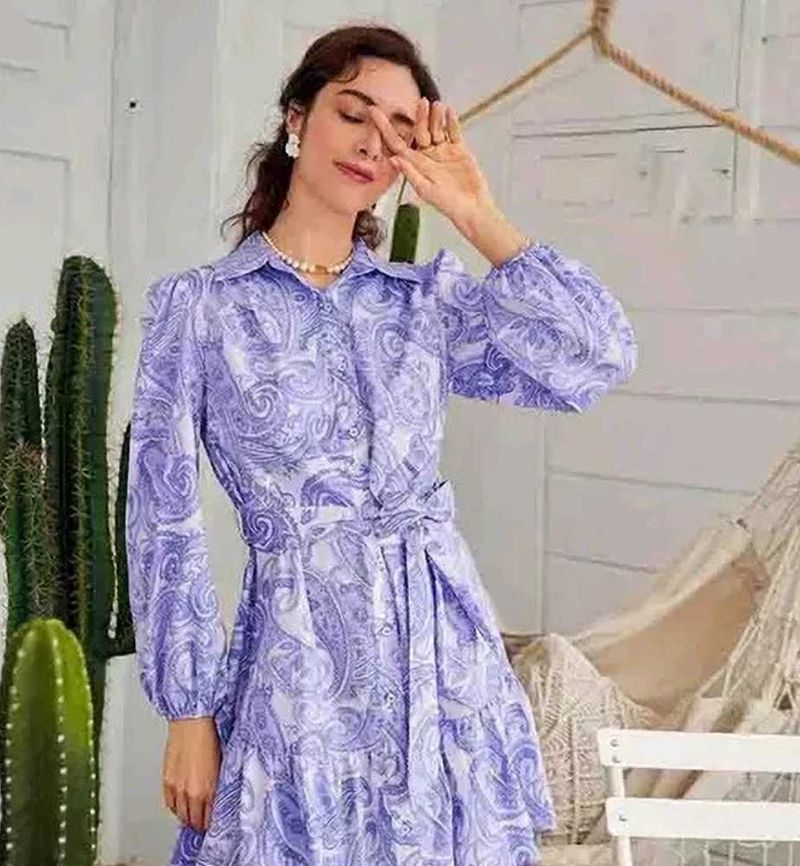 Women's Paisley Shirt Dress – Belted Waist, Puff