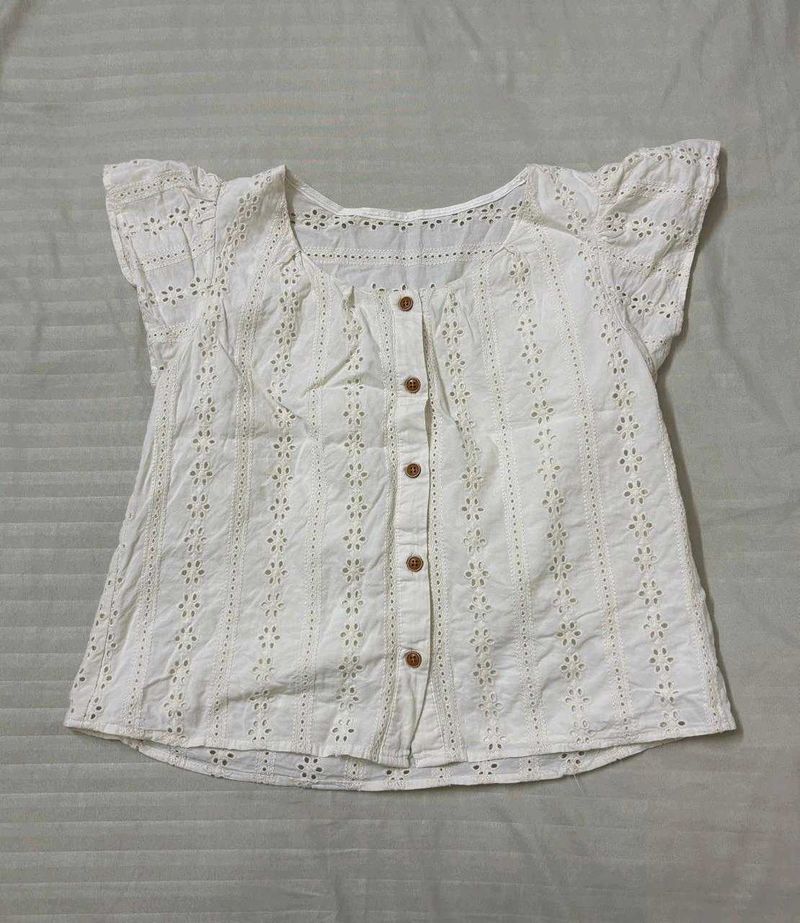 White Eyelet Button-Up Top