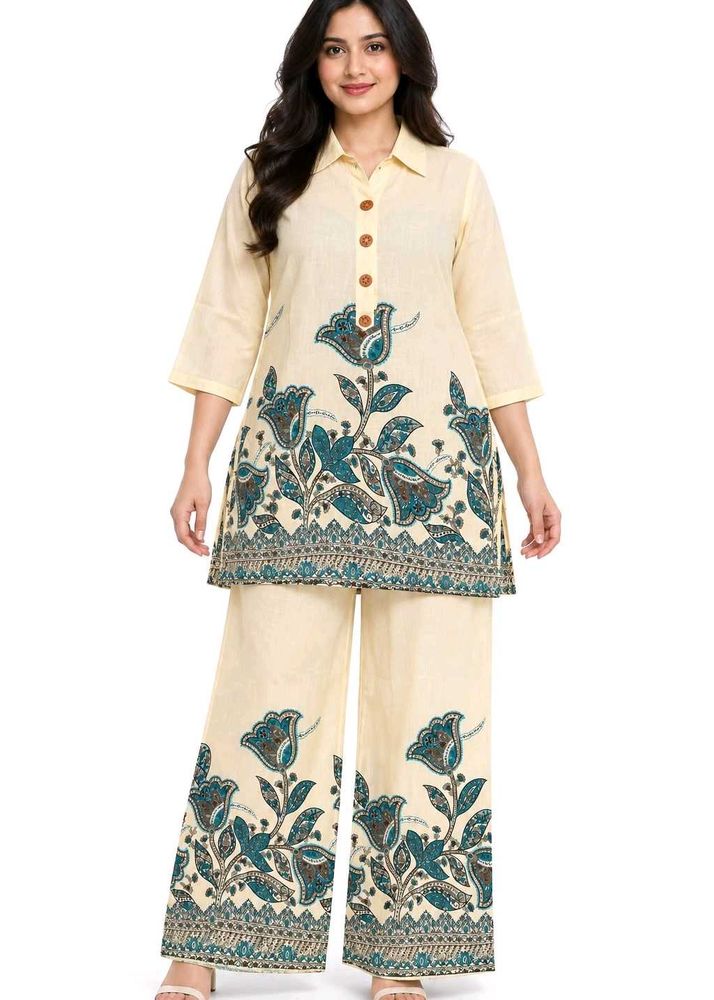 Cream Floral Print Kurta Set with Palazzo