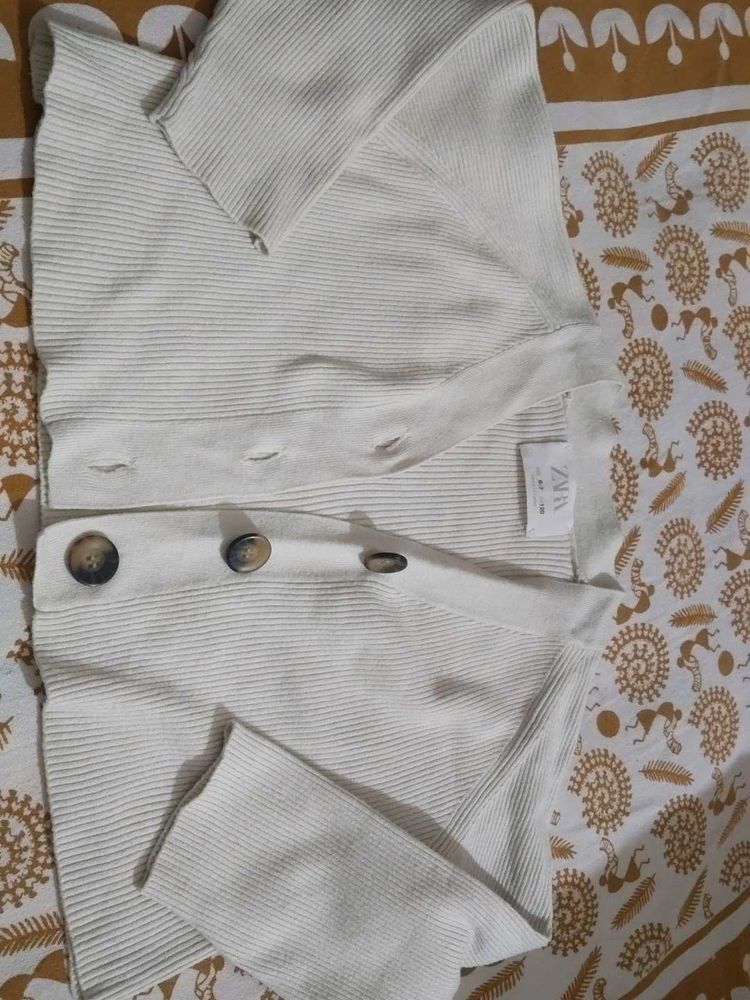 ZARA Cream Ribbed Knit Button-Up Cardigan