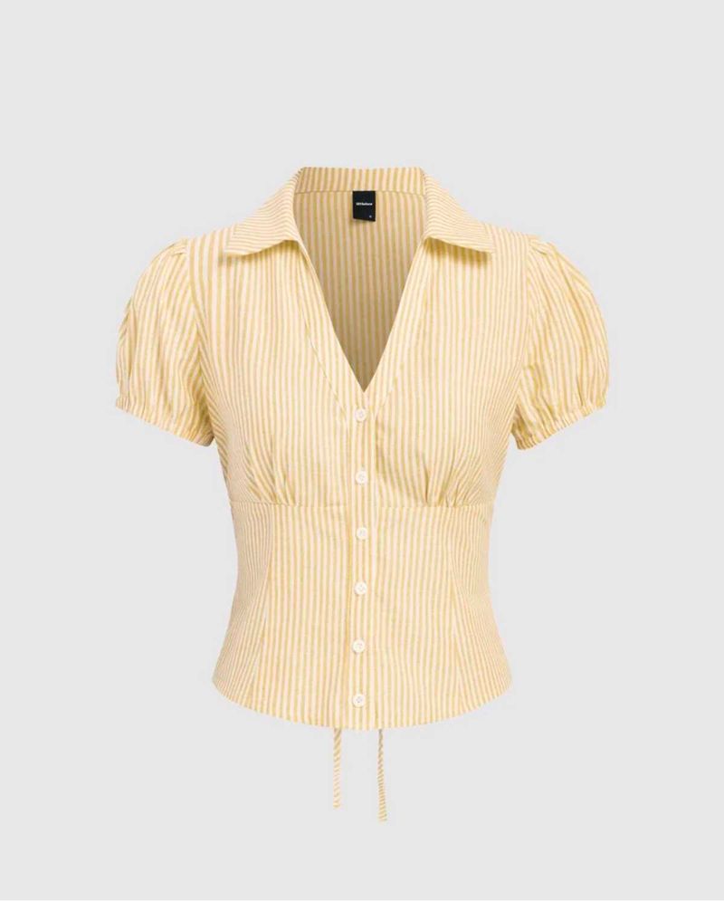 Yellow Striped Button-Up Puff Sleeve Top