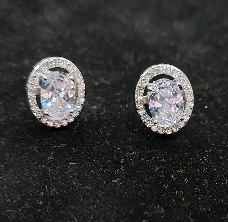 Pure 92.5 silver Oval Halo Stud Earrings