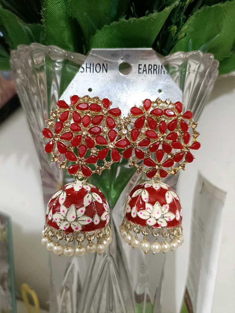 Red Floral Jhumka Earrings