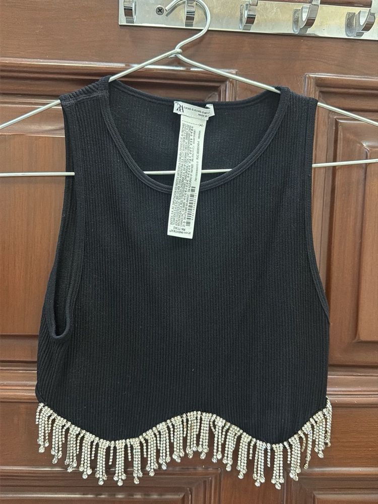 Black Crop Top with Rhinestone Fringe